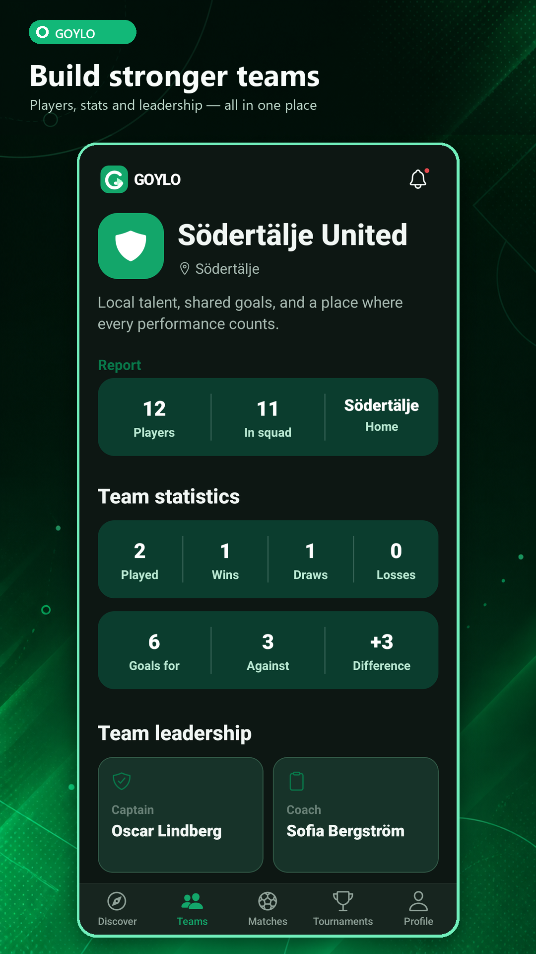 A Goylo team profile showing players, statistics and team leadership